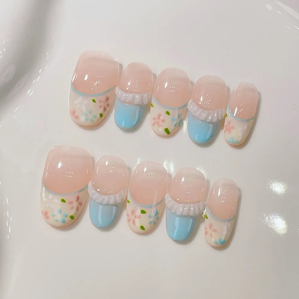 Faux ongles à pression en Amande -  French Rose Bleu Fleuri – Faits main (Lot de 10)