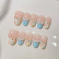 Faux ongles à pression en Amande -  French Rose Bleu Fleuri – Faits main (Lot de 10)