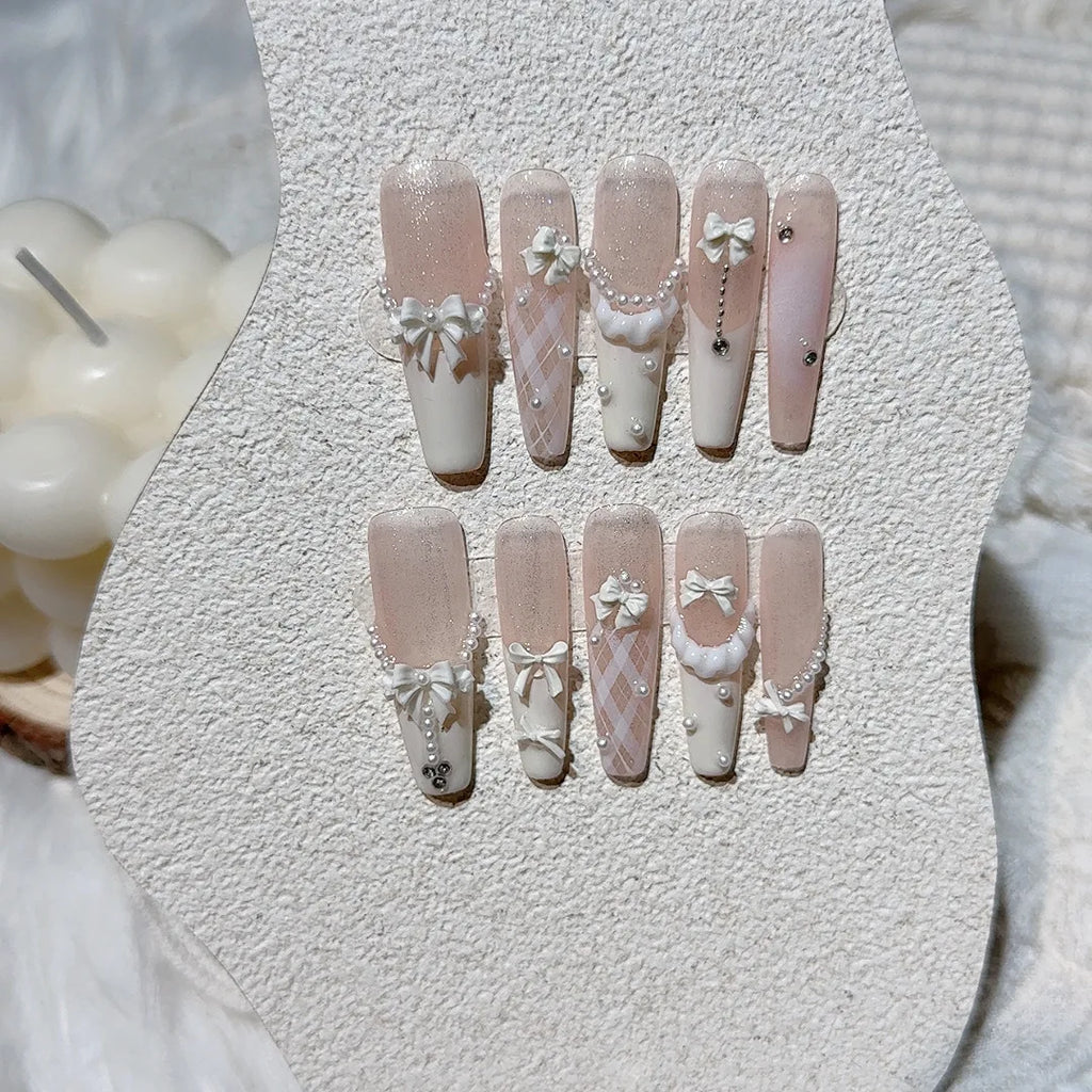 Faux ongles à pression Ballerine Long  Rose Nœud Ourson Style Coréen - Faits main (Lot de 10)