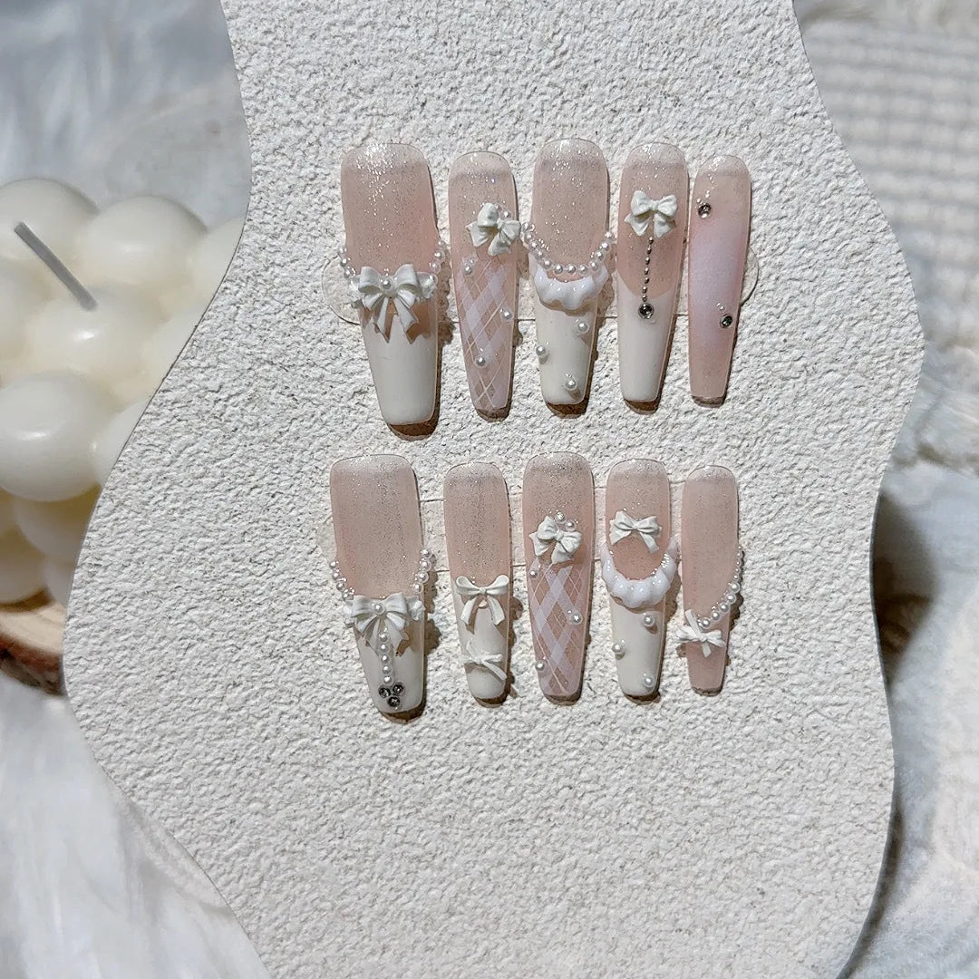 Faux ongles à pression Ballerine Long  Rose Nœud Ourson Style Coréen - Faits main (Lot de 10)
