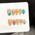 Faux ongles à pression Amande Moyen Vent Océanique Frais Fleurs Coquillages - Faits main (Lot de 10)
