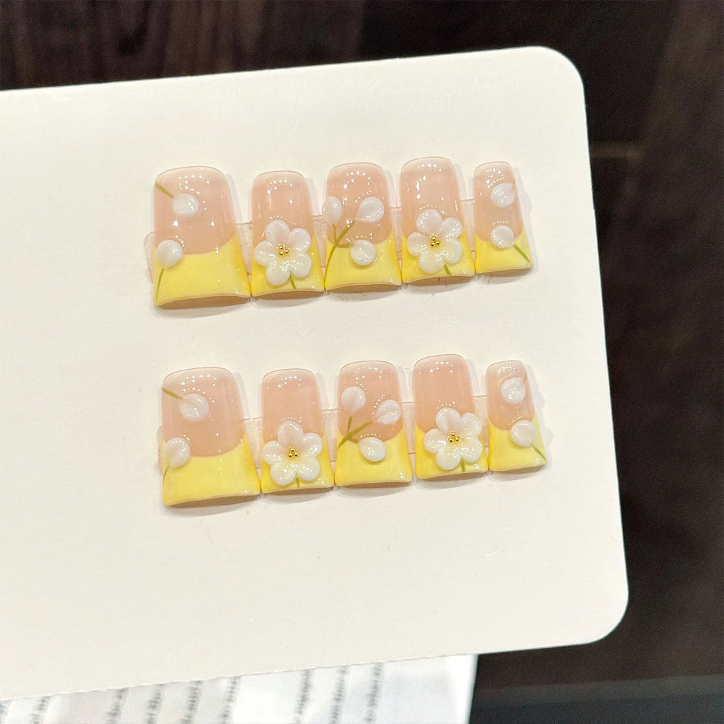 Faux ongles à pression Duck Beige Rosé French Fleur Blanche - Faits main (Lot de 10)