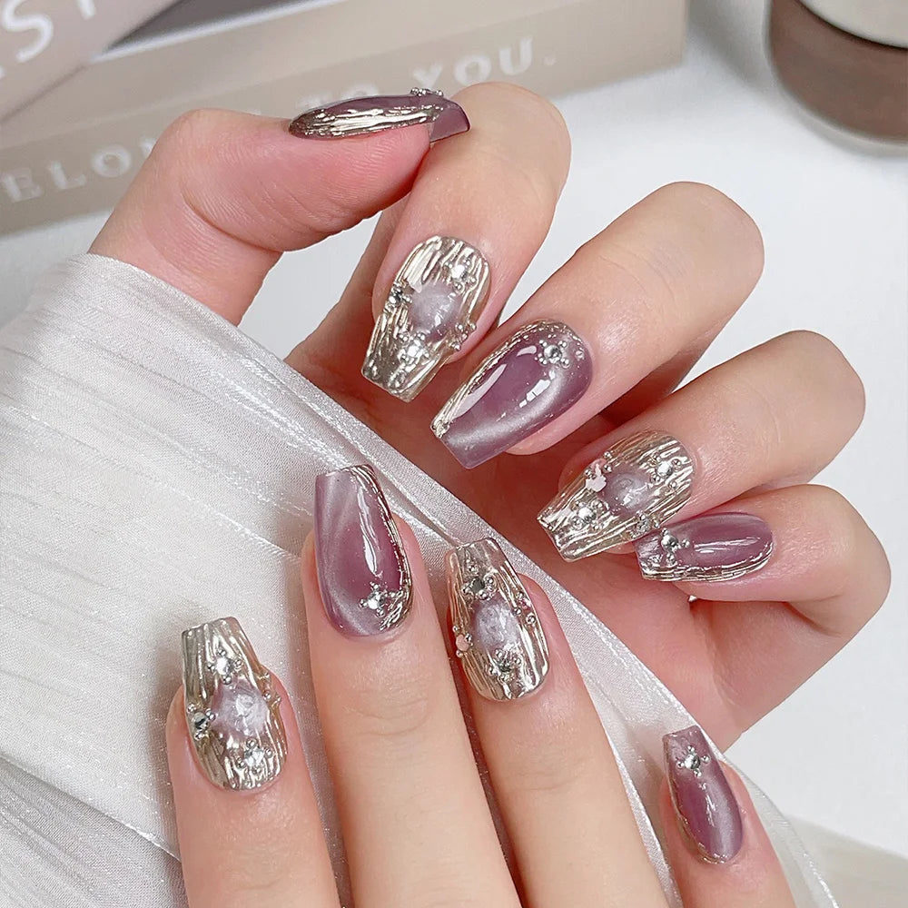 Faux ongles à pression Mauve Oeil de Chat Argenté – Ballerine - Faits main (Lot de 10)