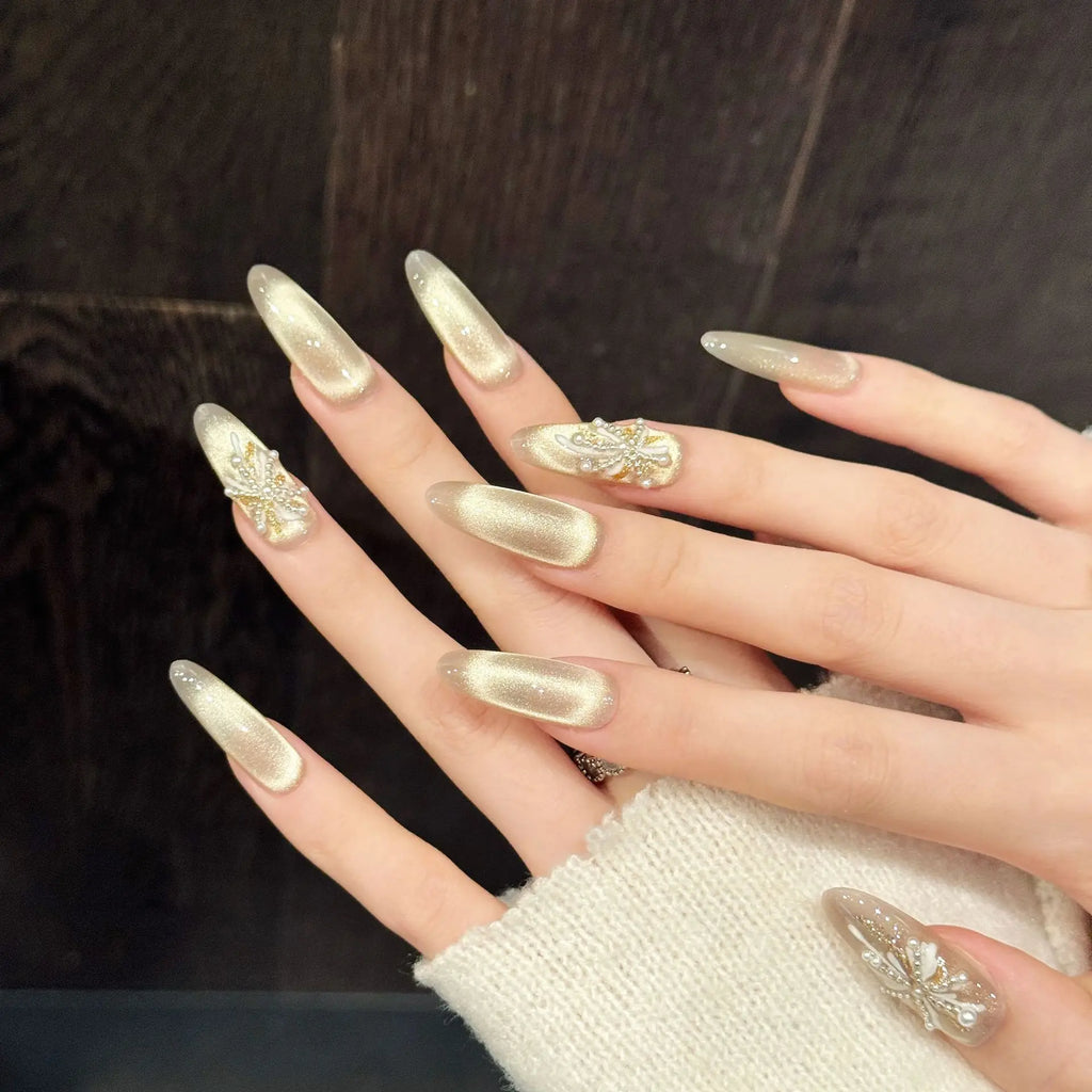 Faux ongles à pression Ovale Long Beige Glacé Effet Miroir - Faits main (Lot de 10)
