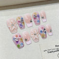 Faux ongles à pression Carré Moyen Nude Rose Fleurs Tropicales 3D Strass – Faits main (Lot de 10)