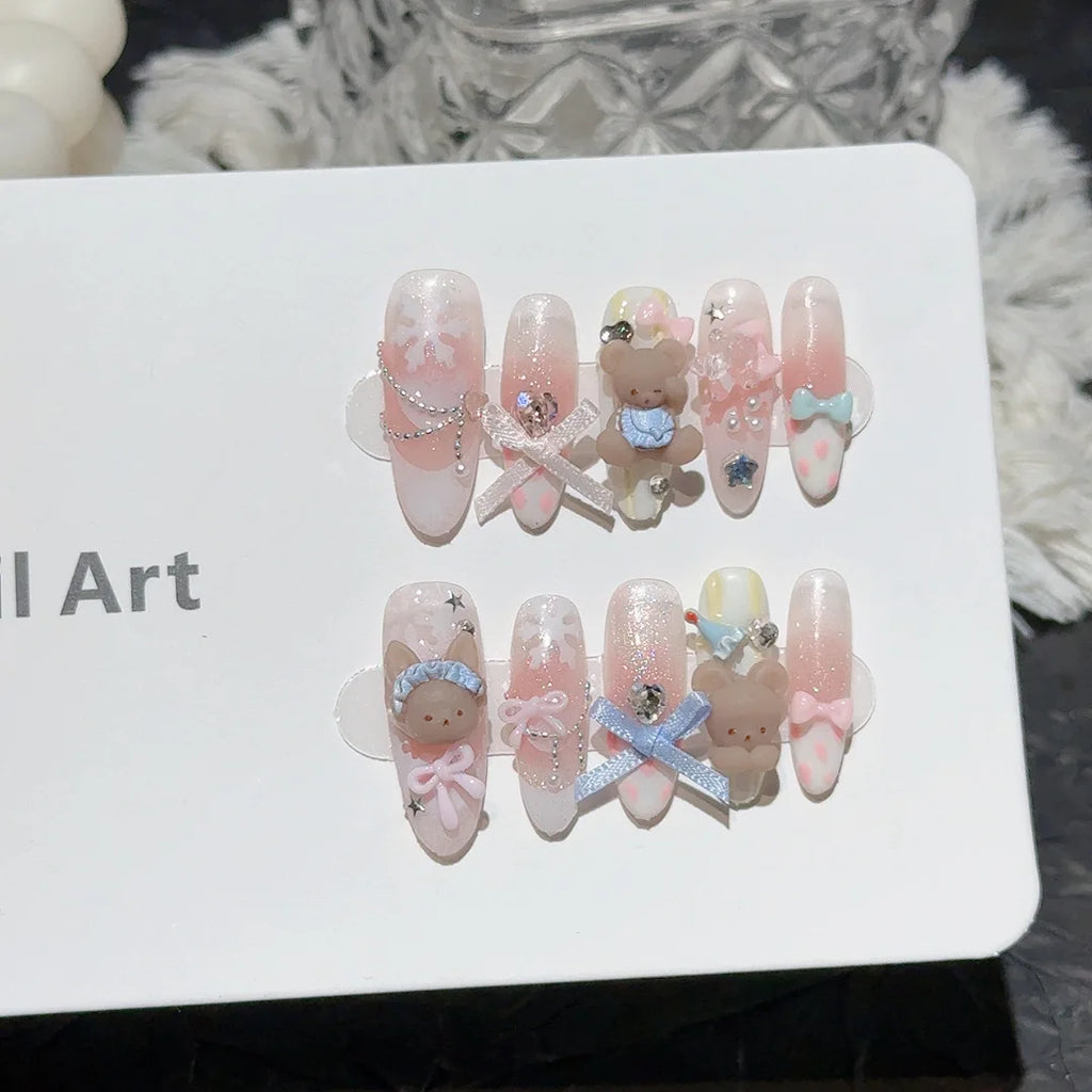 Faux ongles à pression Rose Étoiles et Cristaux Style Coréen - Faits main (Lot de 10)