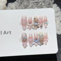 Faux ongles à pression Rose Étoiles et Cristaux Style Coréen - Faits main (Lot de 10)