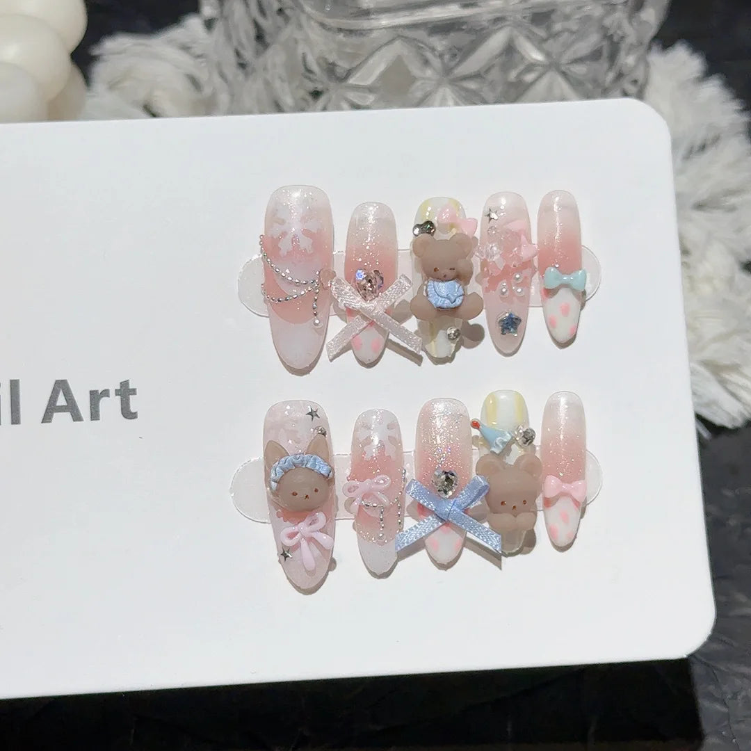 Faux ongles à pression Rose Étoiles et Cristaux Style Coréen - Faits main (Lot de 10)