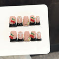 Faux ongles à pression Duck Moyen Noir Rouge Cerises French - Faits main (Lot de 10)