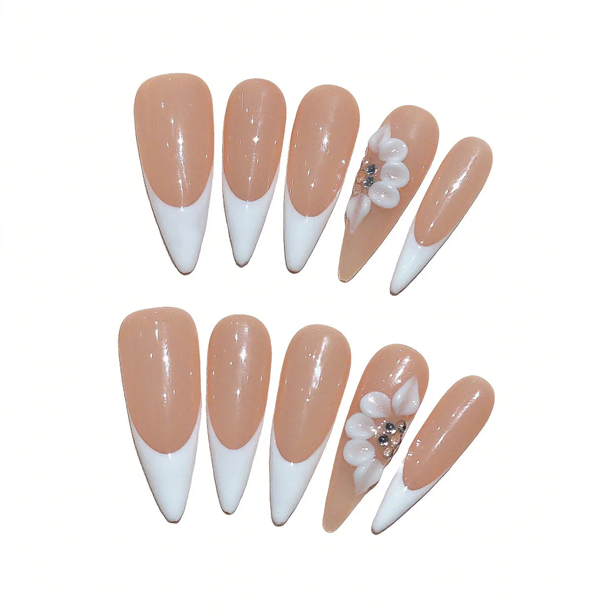 Faux ongles à pression Stiletto French Nude Fleur Blanche 3D – Faits main (Lot de 10)