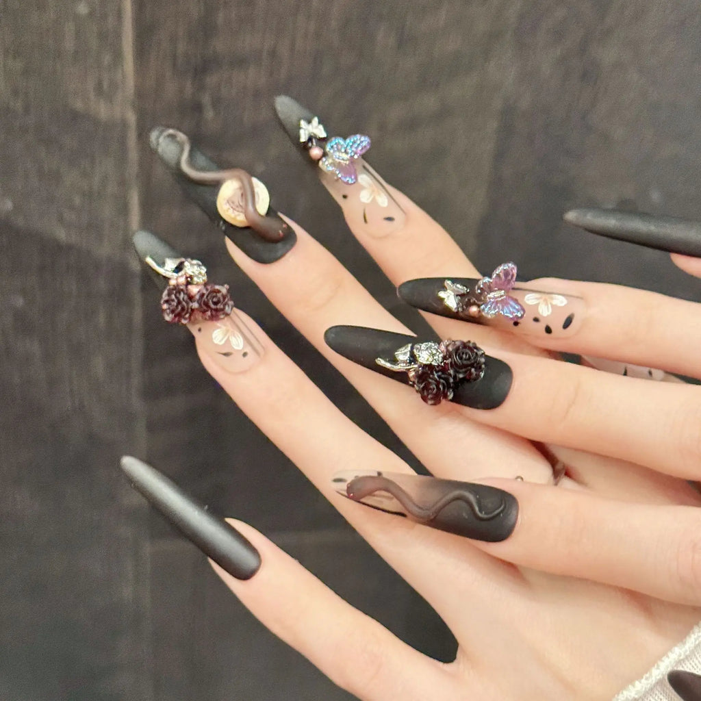 Faux ongles à pression Stiletto Long Noir Brun Dégradé Rose 3D Serpent - Faits main (Lot de 10)
