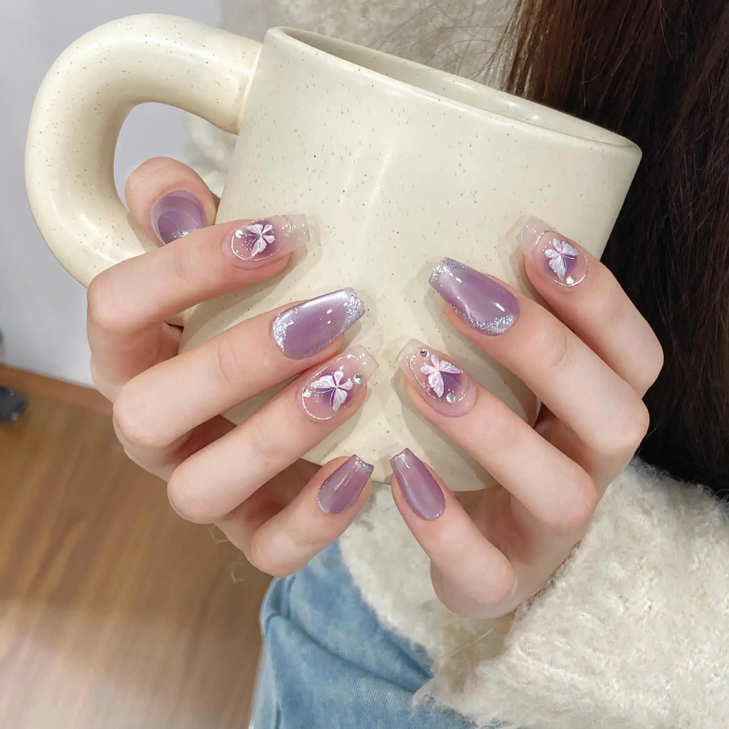Faux ongles à pression Ballerine Moyen Violet Doré Œil de Chat Papillon - Faits main (Lot de 10)