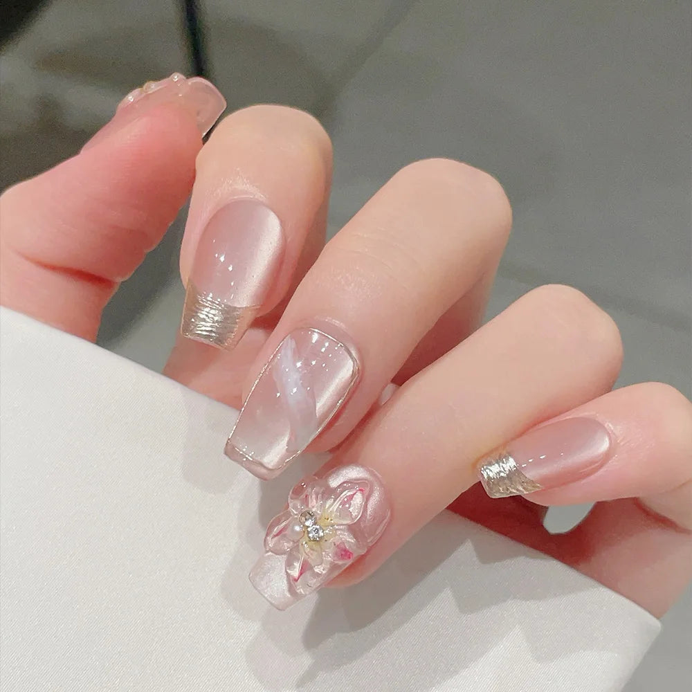 Faux ongles à pression Rose Nacré Fleur Transparente Strass - Ballerine – Faits main (Lot de 10)