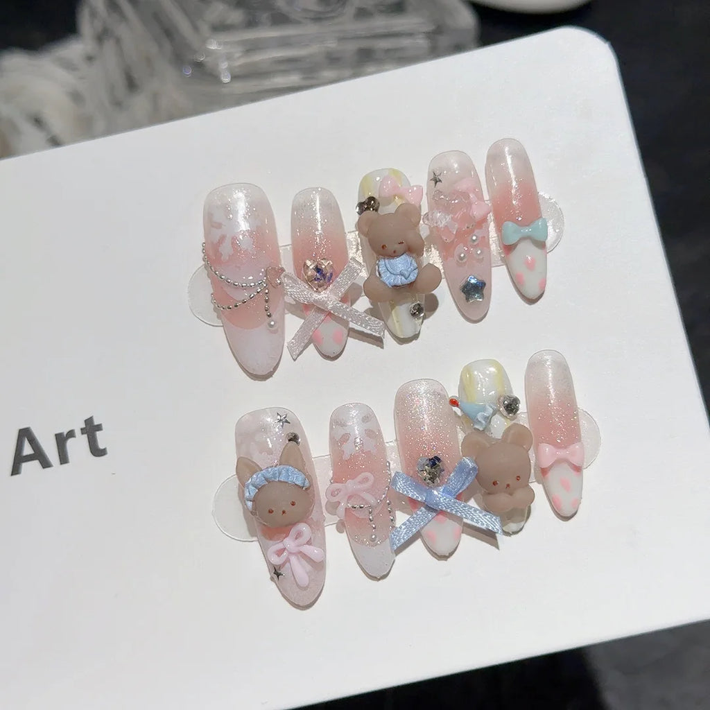 Faux ongles à pression Rose Étoiles et Cristaux Style Coréen - Faits main (Lot de 10)