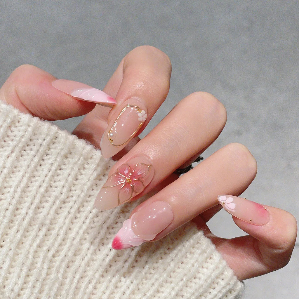 Faux ongles à pression en Amande Rose Fleur Dorée Strass – Faits main (Lot de 10)