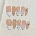 Faux ongles à pression Amande Moyen Abricot Blanc Fleurs Sculptées Noble Doux - Faits main (Lot de 10)