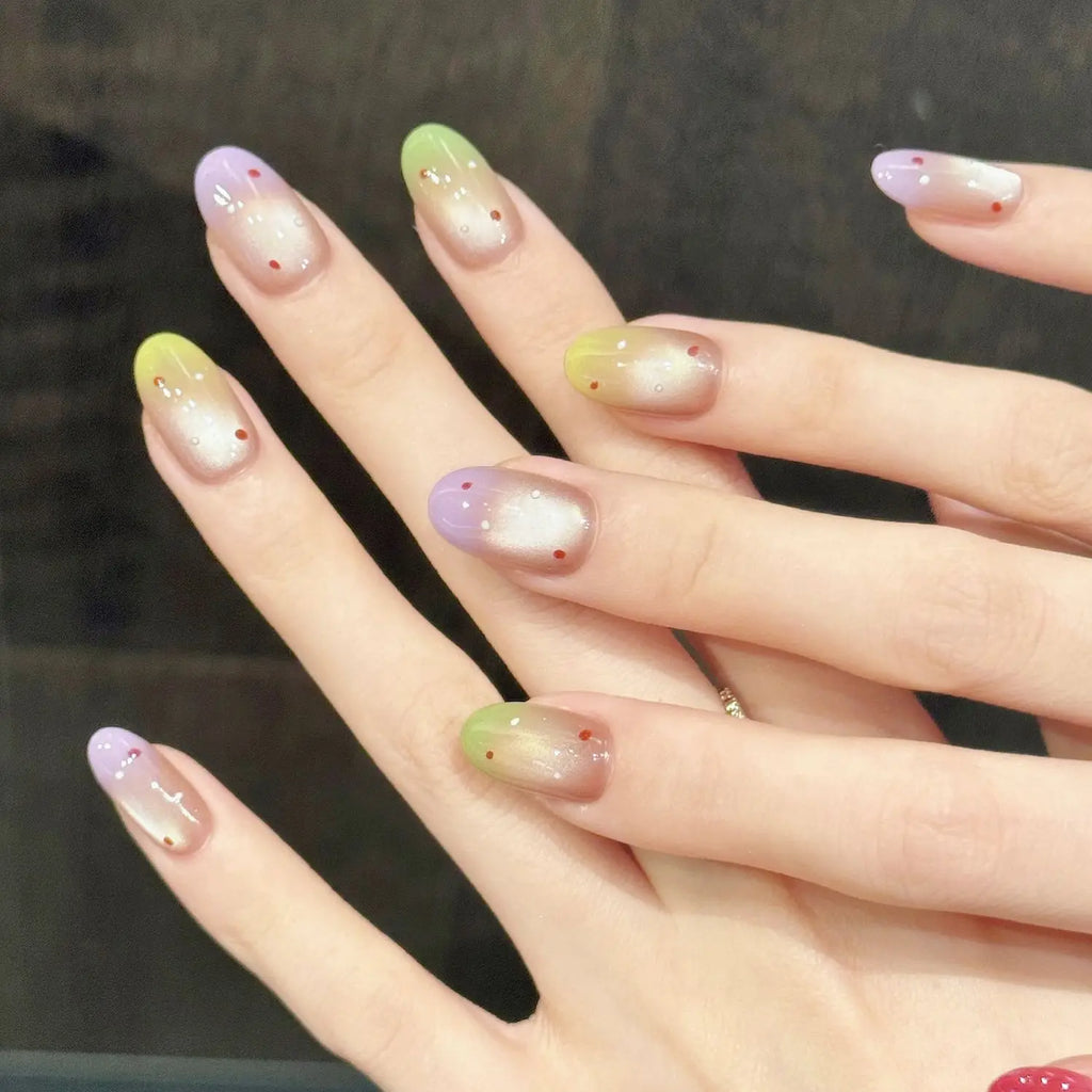 Faux ongles à pression Ovale Carré Arc-en-ciel Dégradé Œil de Chat Vague Dynamique - Faits main (Lot de 10)