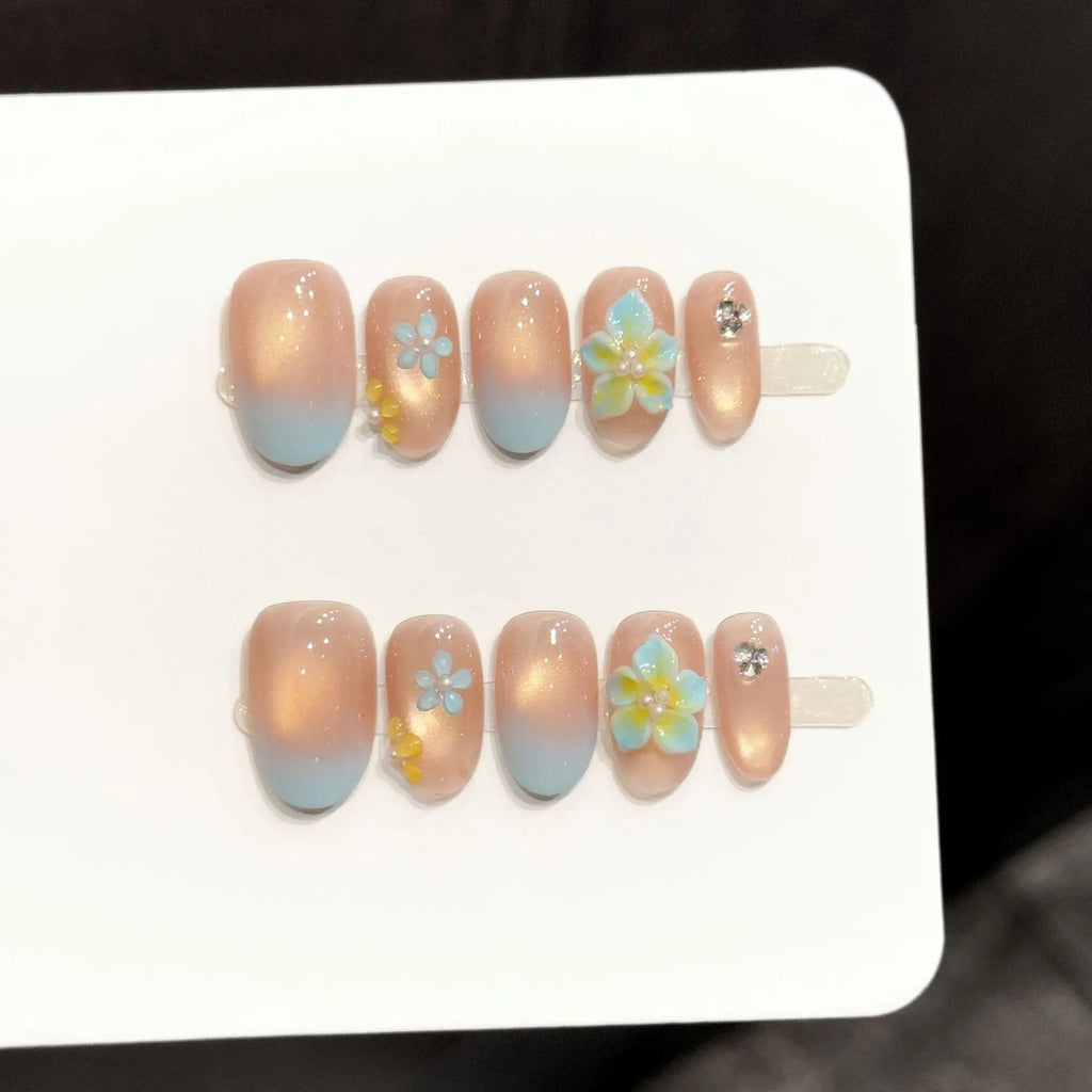 Faux ongles à pression Ovale Moyen Dégradé Bleu Translucide Sculpté Printanier Estival - Faits main (Lot de 10)