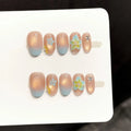 Faux ongles à pression Ovale Moyen Dégradé Bleu Translucide Sculpté Printanier Estival - Faits main (Lot de 10)
