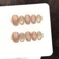 Faux ongles à pression Carré Court Gaze Dorée Fleurs Fantaisie Luxe Doux - Faits main (Lot de 10)