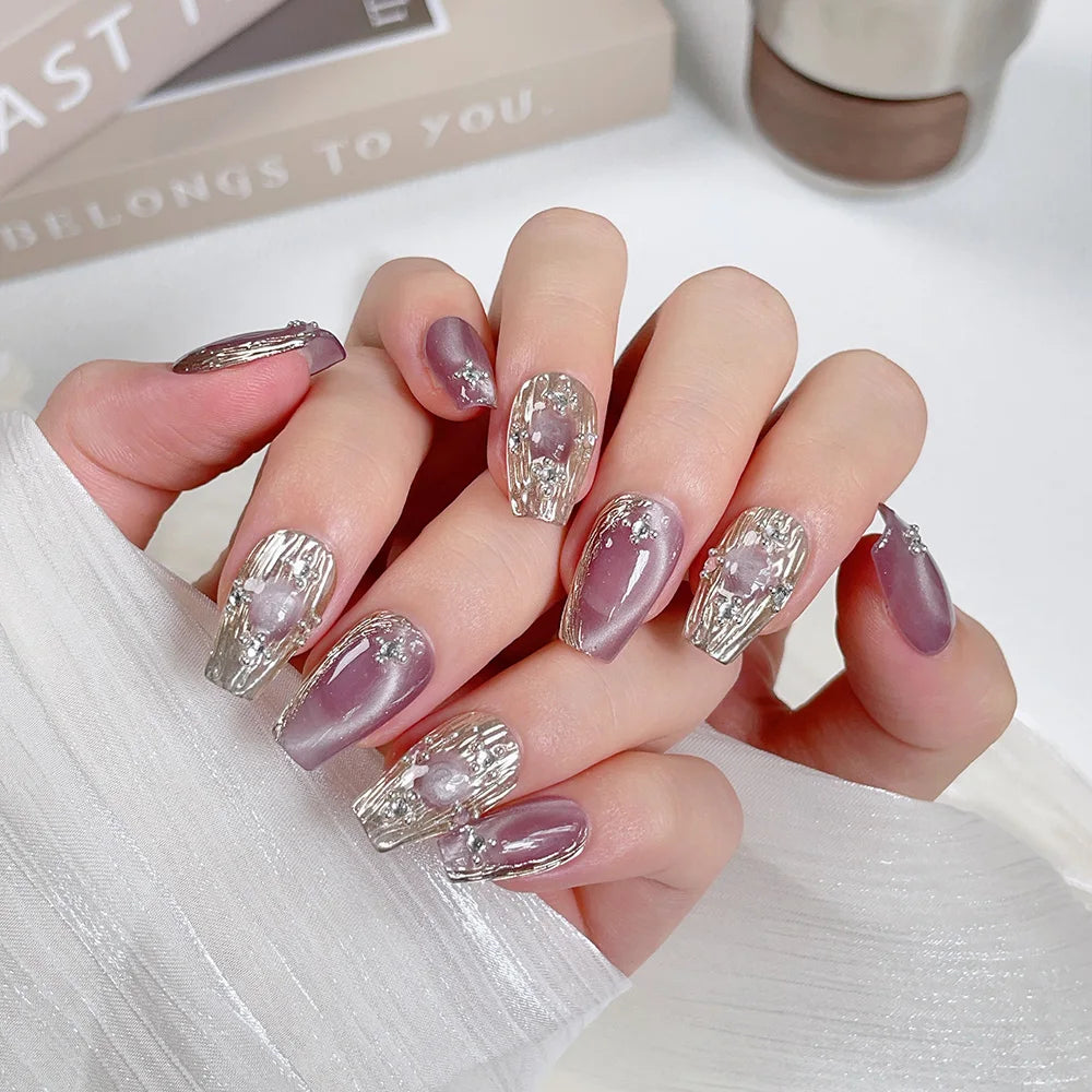 Faux ongles à pression Mauve Oeil de Chat Argenté – Ballerine - Faits main (Lot de 10)