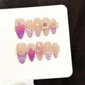 Faux ongles à pression Amande Moyen Rose Violet Fleurs Douces Girly Blanc - Faits main (Lot de 10)