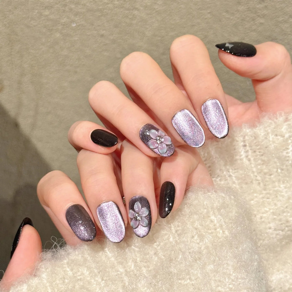 Faux ongles à pression Ovale Violet Effet Miroir Fleurs Papillons - Faits main (Lot de 10)