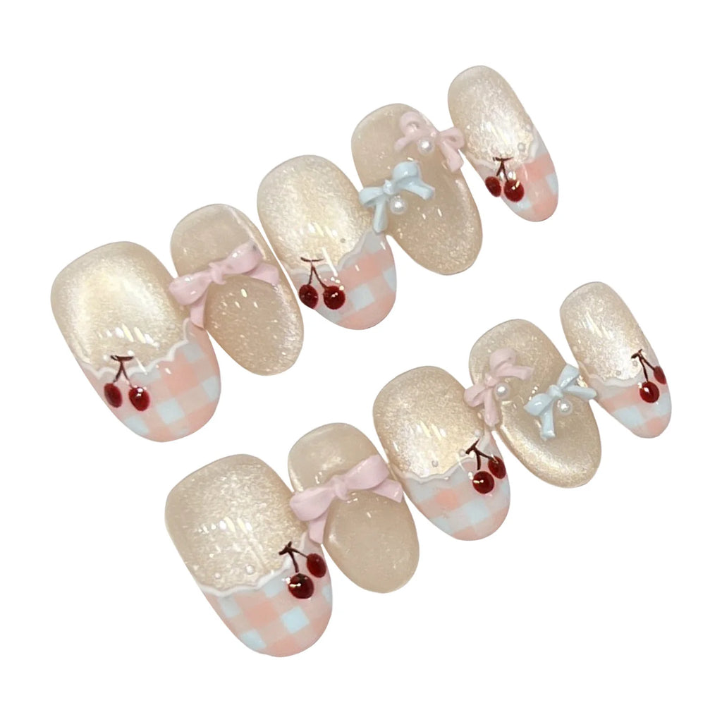 Faux ongles à pression Ovale Court Nœud Effet Miroir - Faits main (Lot de 10)
