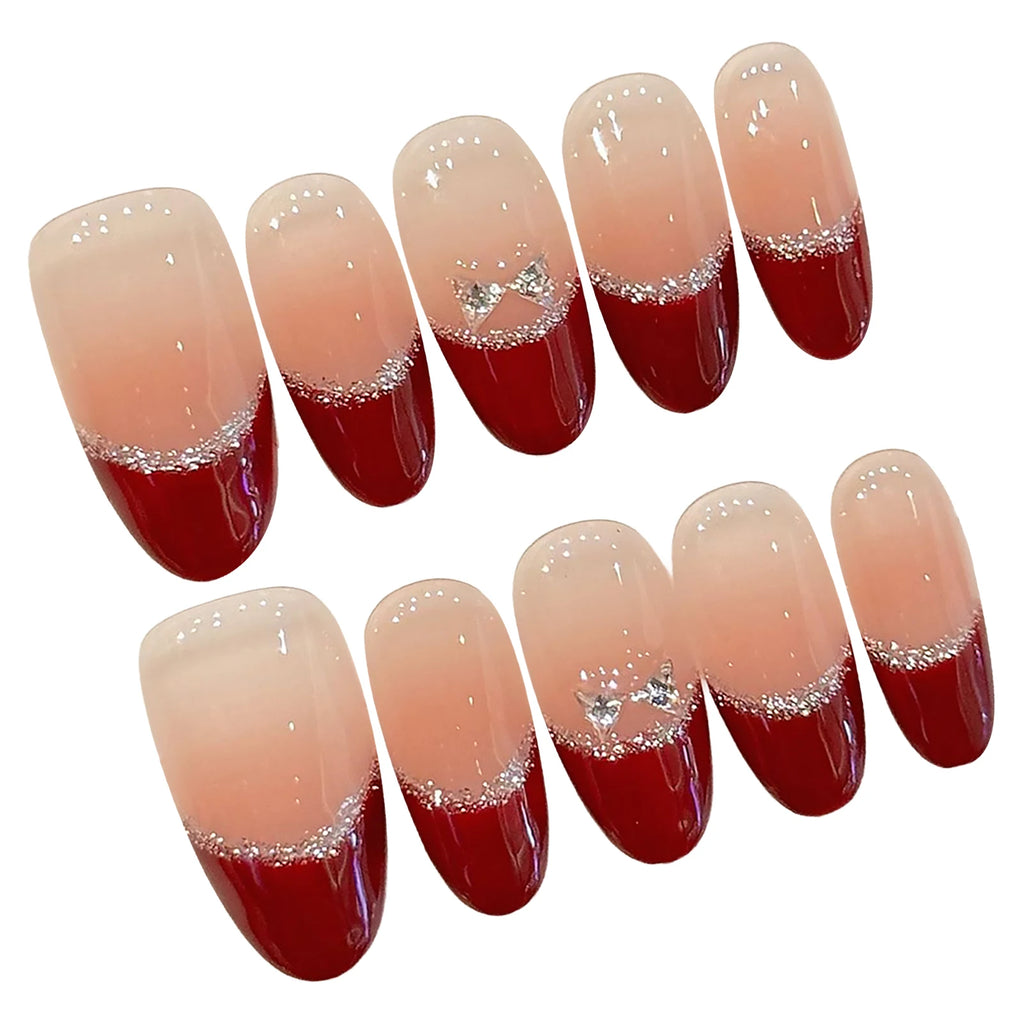 Faux ongles à pression Ovale Court Rouge French Argentée Nœud - Faits main (Lot de 10)