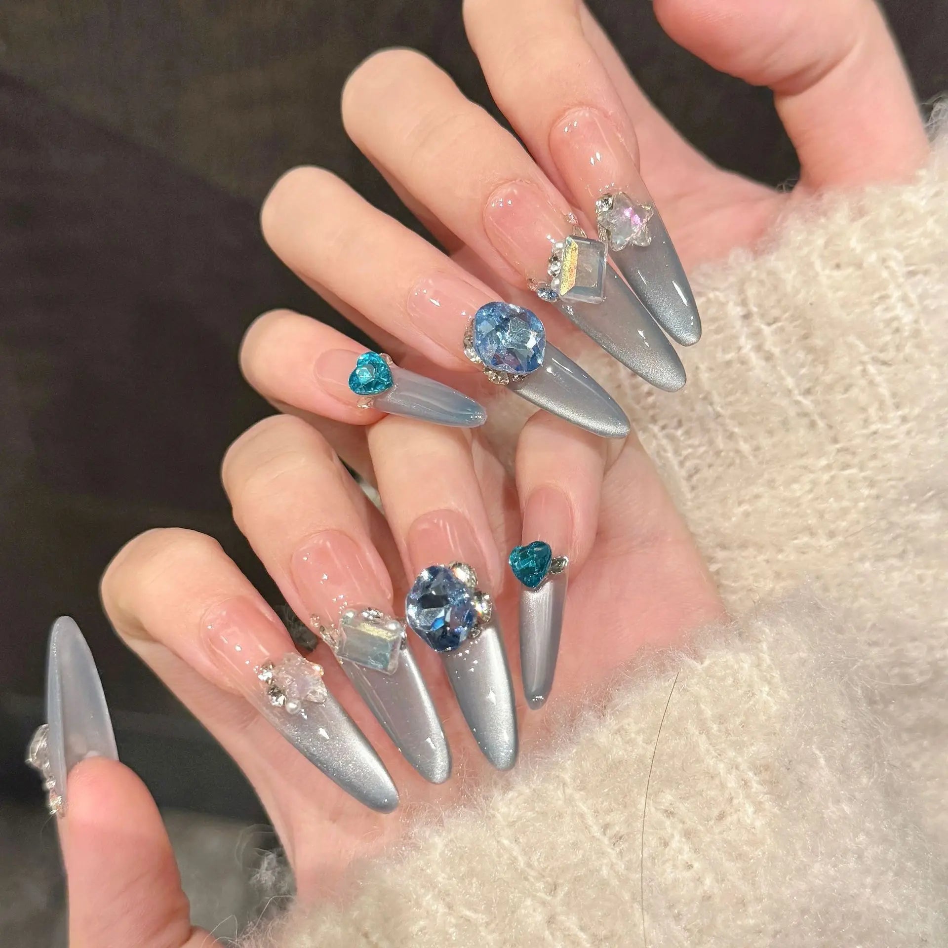Faux ongles à pression Stiletto Bleu Turquoise French Strass - Faits main (Lot de 10)