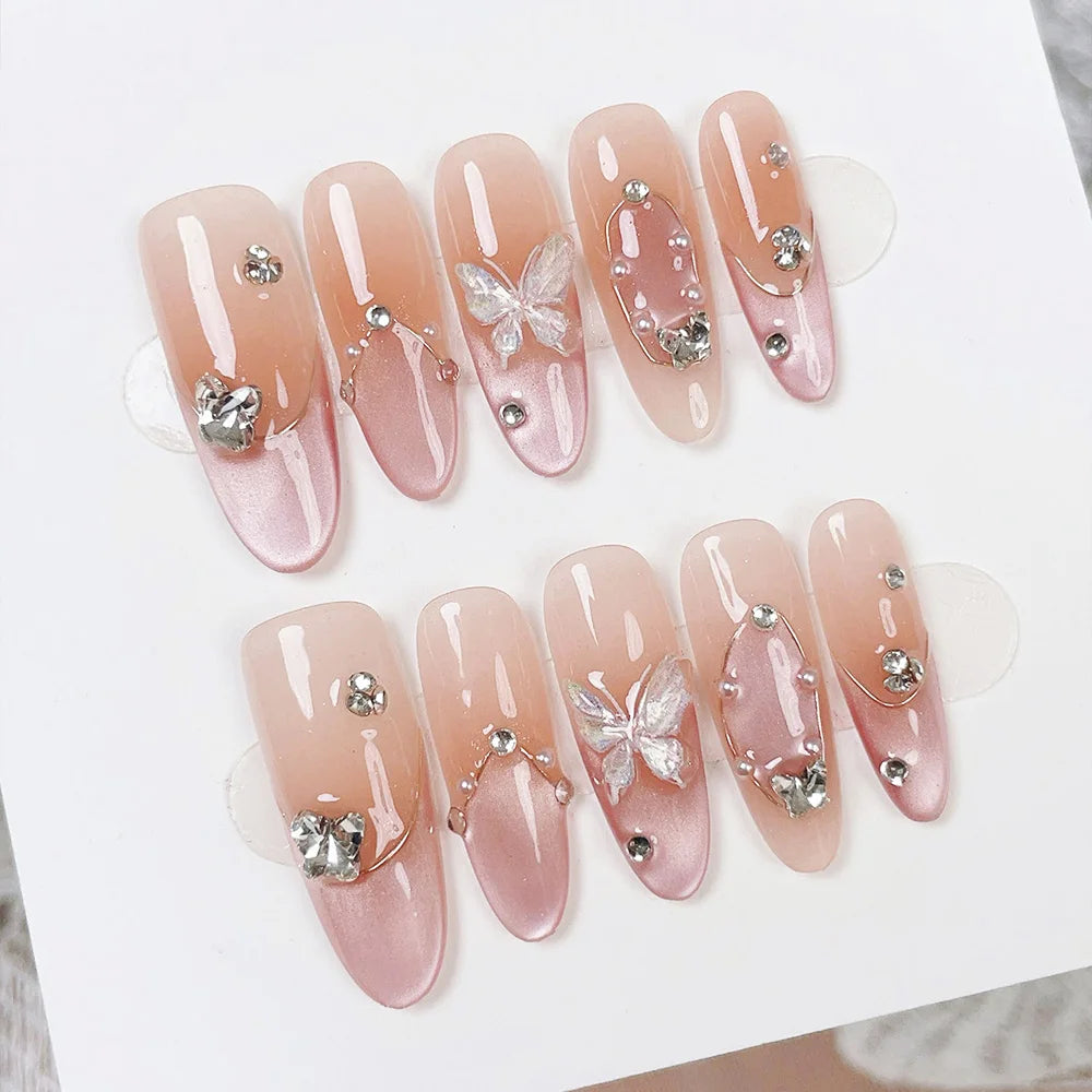 Faux ongles à pression Ovales - Dégradé Pêche Rose Papillon Cristal – Faits main (Lot de 10)