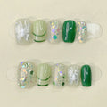 Faux ongles à pression Carrés - Vert Papillon Holographique – Faits main (Lot de 10)