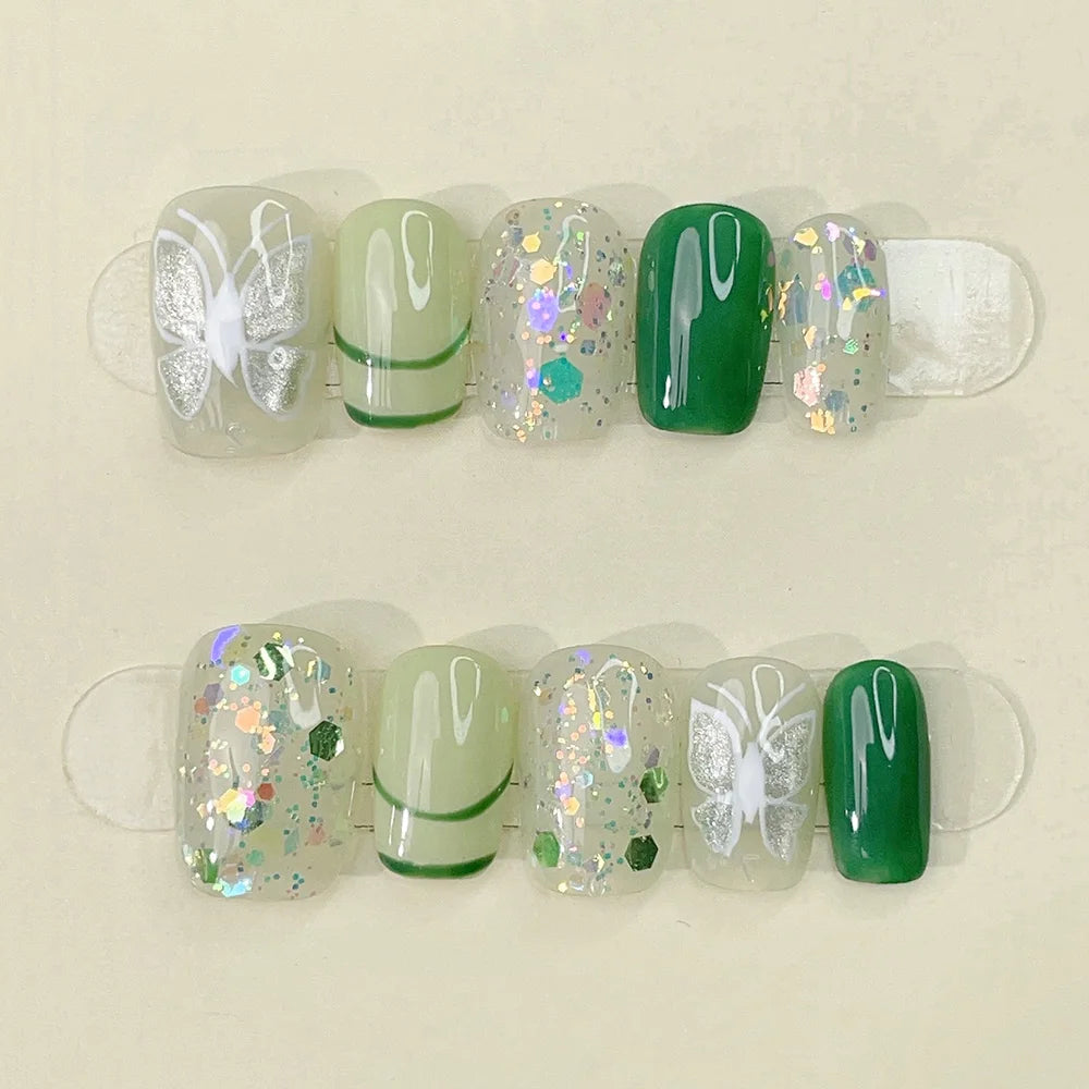 Faux ongles à pression Carrés - Vert Papillon Holographique – Faits main (Lot de 10)
