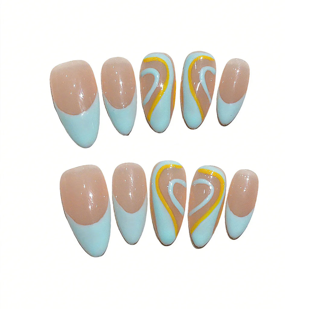 Faux ongles à pression Amande Long French Bleu Ciel Swirl Jaune – Faits main (Lot de 10)