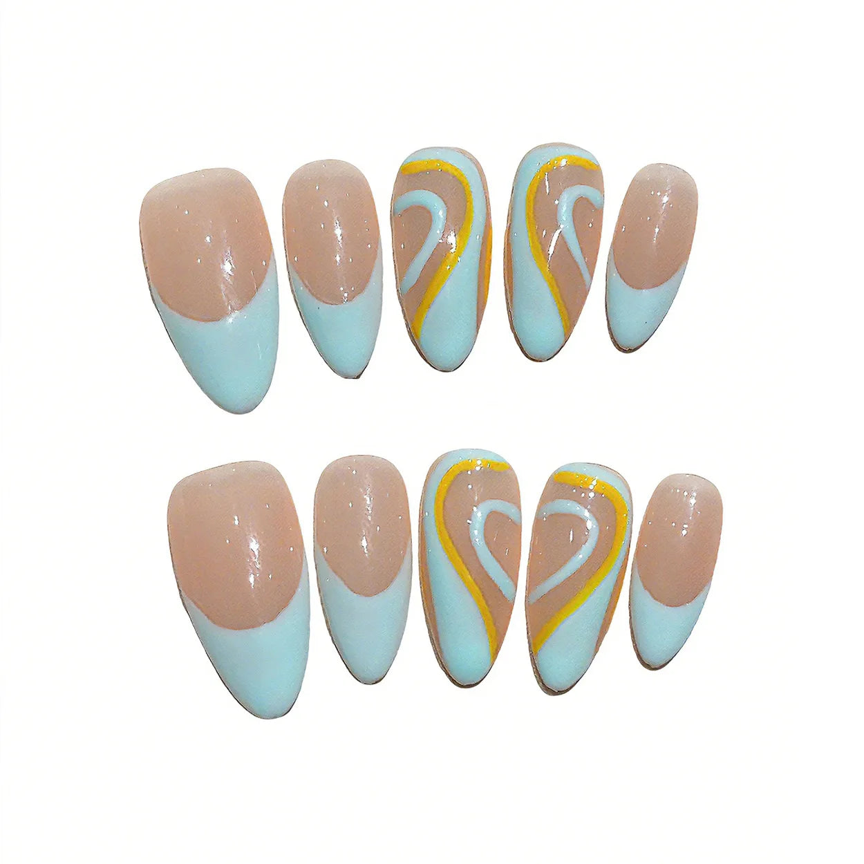 Faux ongles à pression Amande Long French Bleu Ciel Swirl Jaune – Faits main (Lot de 10)
