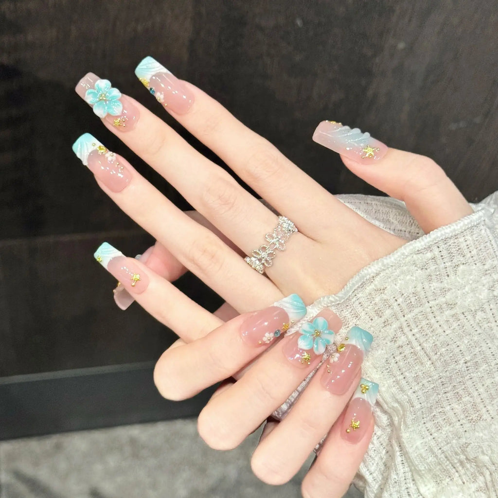 Faux ongles à pression Carré Moyen Rose Bleu Contraste Vent Océanique - Faits main (Lot de 10)