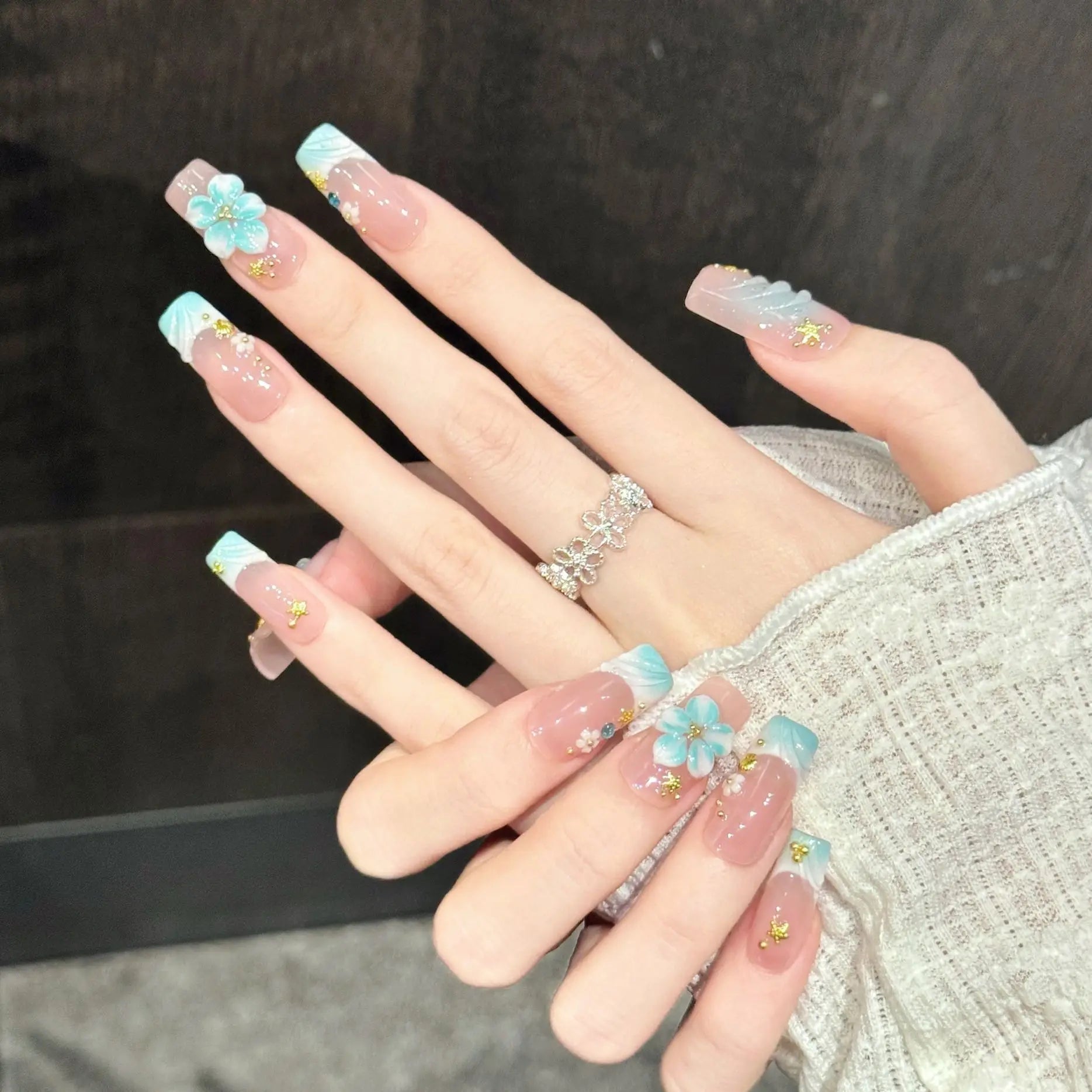 Faux ongles à pression Carré Moyen Rose Bleu Contraste Vent Océanique - Faits main (Lot de 10)