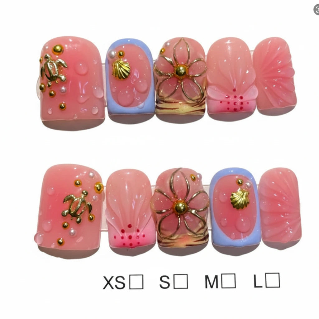 Aufdrückbare Fingernägel, eckig, mittel, französisch, mit 3D-Sommerblumen (10 Stück)