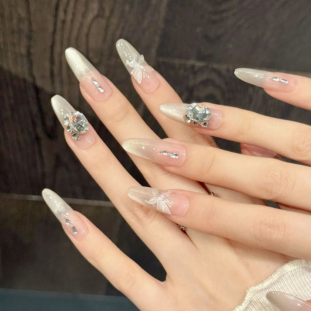 Faux ongles à pression Ovale Long Nude Dégradé Ornements Diamant Cristal - Faits main (Lot de 10)