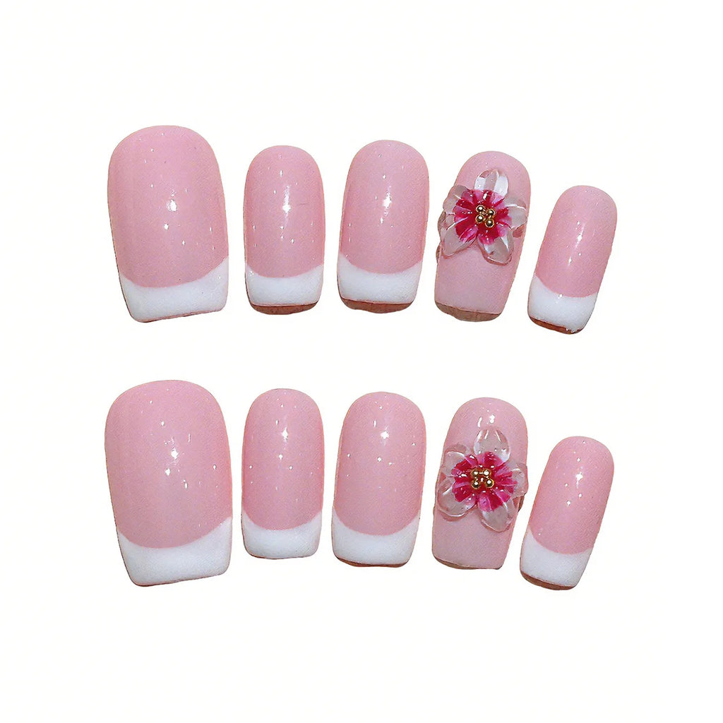 Faux ongles à pression Carré Arrondi Moyen French Rose Fleur Fuchsia – Faits main (Lot de 10)