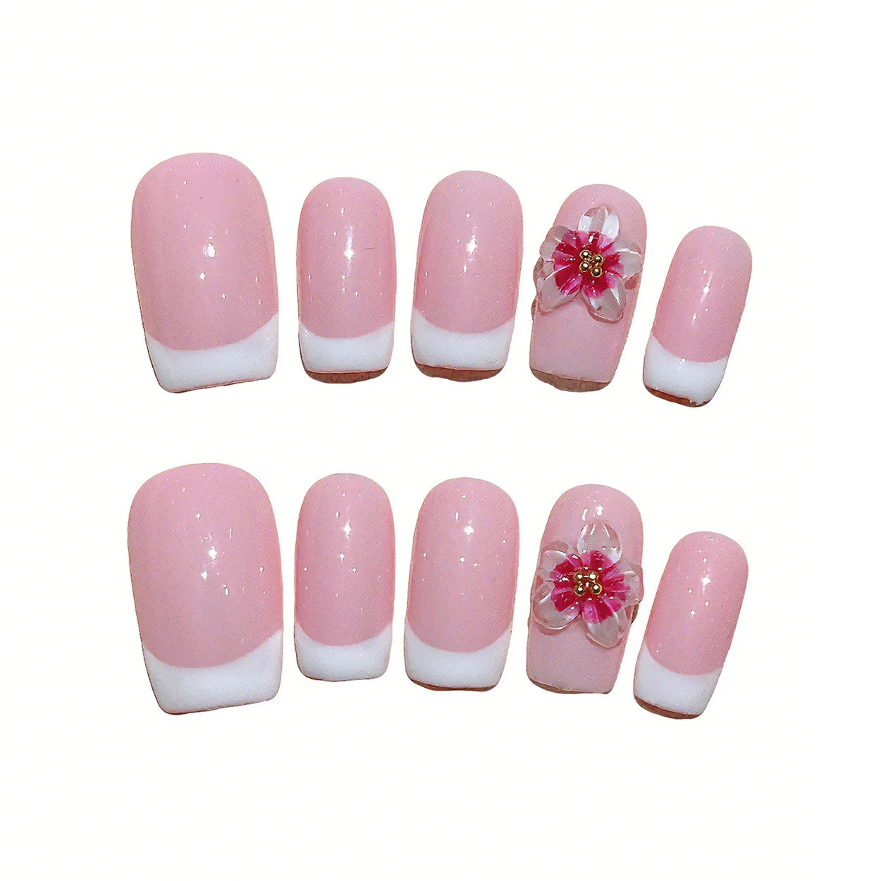 Faux ongles à pression Carré Arrondi Moyen French Rose Fleur Fuchsia – Faits main (Lot de 10)