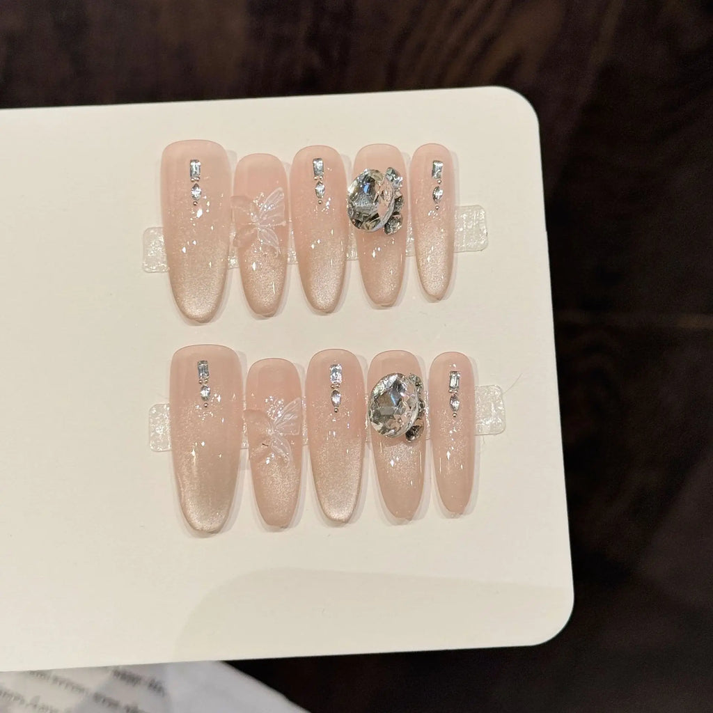 Faux ongles à pression Ovale Long Nude Dégradé Ornements Diamant Cristal - Faits main (Lot de 10)