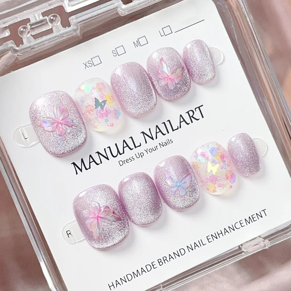 Faux ongles à pression Carré arrondi court - Lilas Pailleté Papillon – Faits main (Lot de 10)