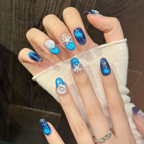 Faux ongles à pression Amande Moyen Bleu Étoile de Mer Vent Océanique - Faits main (Lot de 10)