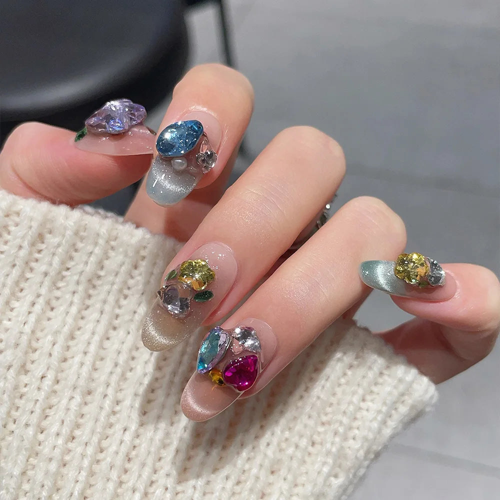 Faux ongles à pression Ovale Moyen Multicolore Candy Party Festif - Faits main (Lot de 10)