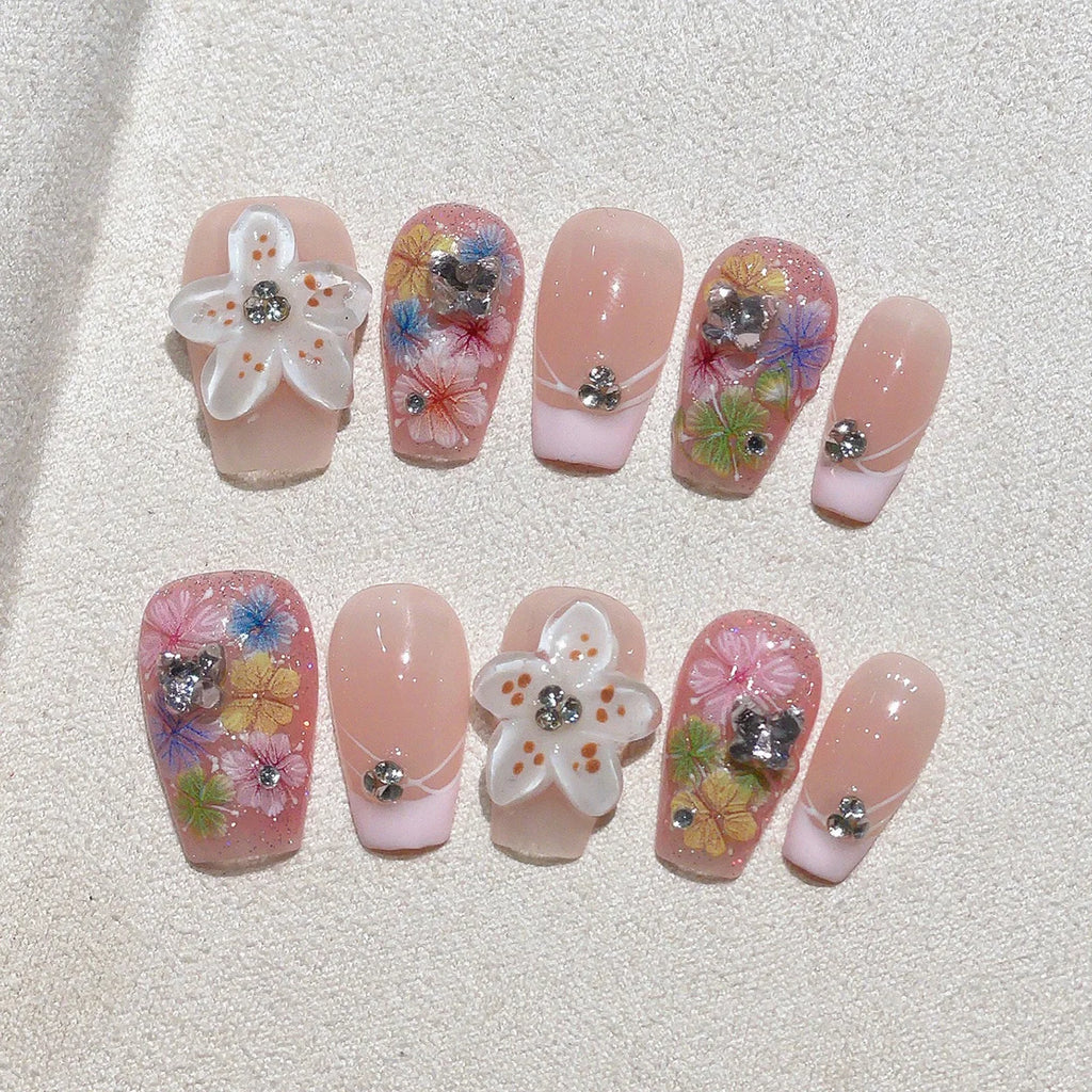 Faux ongles à pression Carré Moyen Nude Rose Fleurs Tropicales 3D Strass – Faits main (Lot de 10)