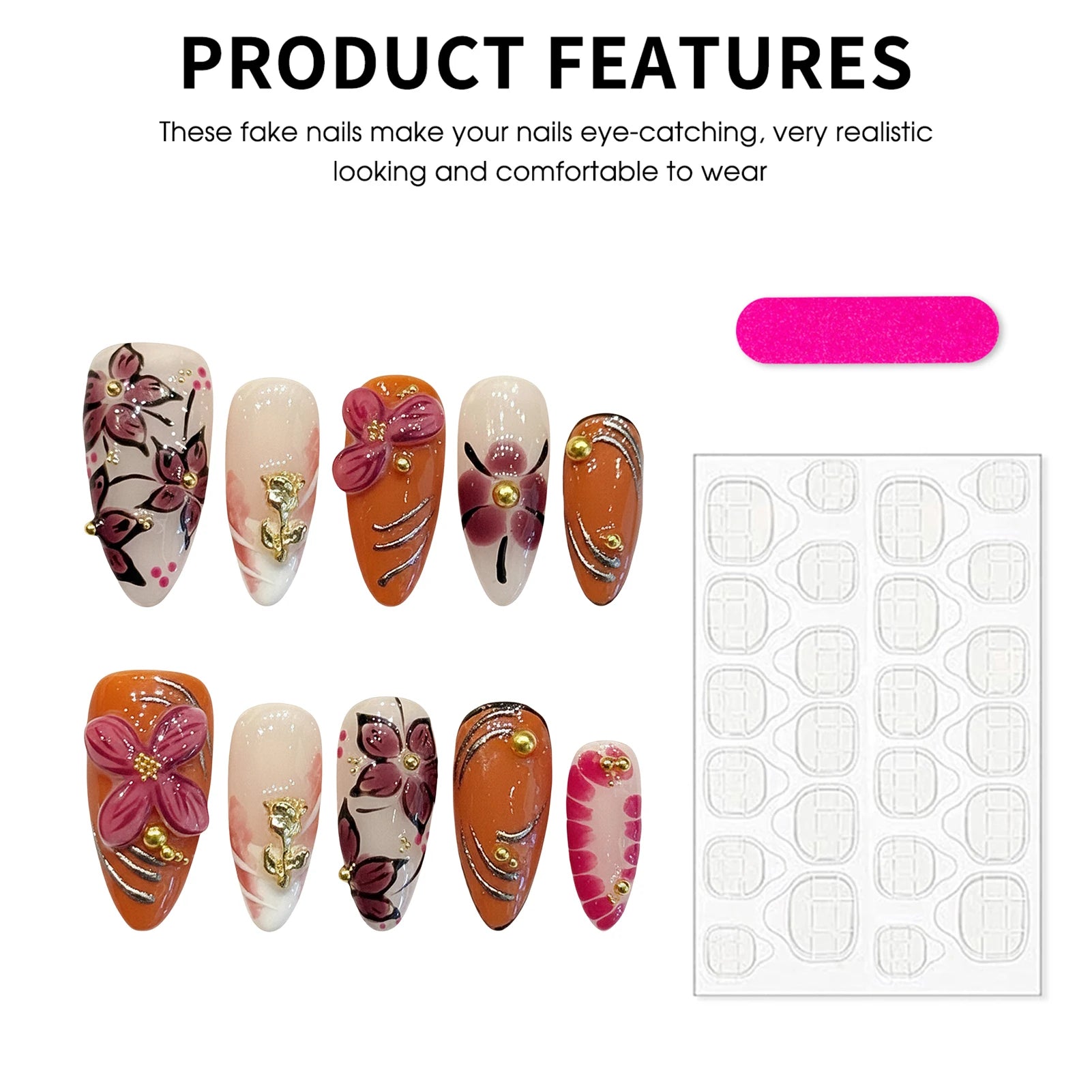 Faux ongles à pression Amande Moyen Pétales Sculptés 3D - Faits main (Lot de 10)