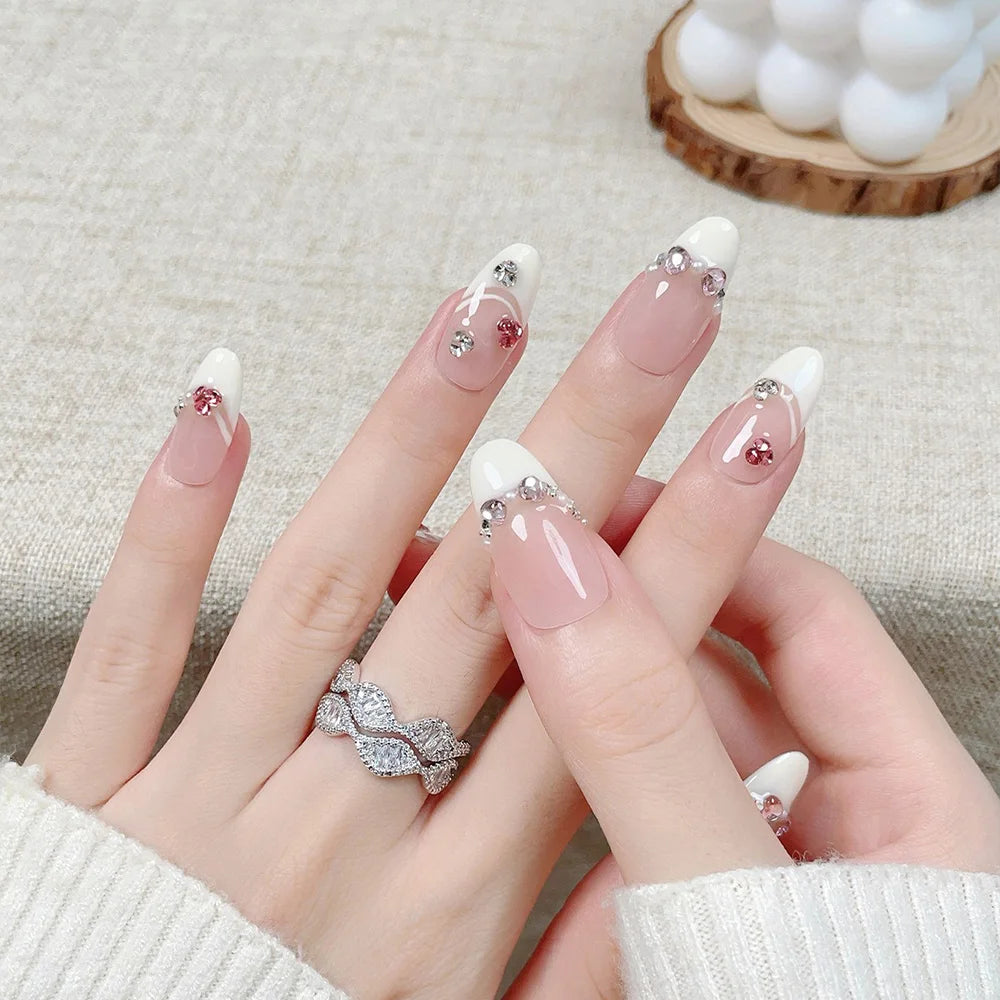Faux ongles en Amande French Rose Cristal – Faits main (Lot de 10)