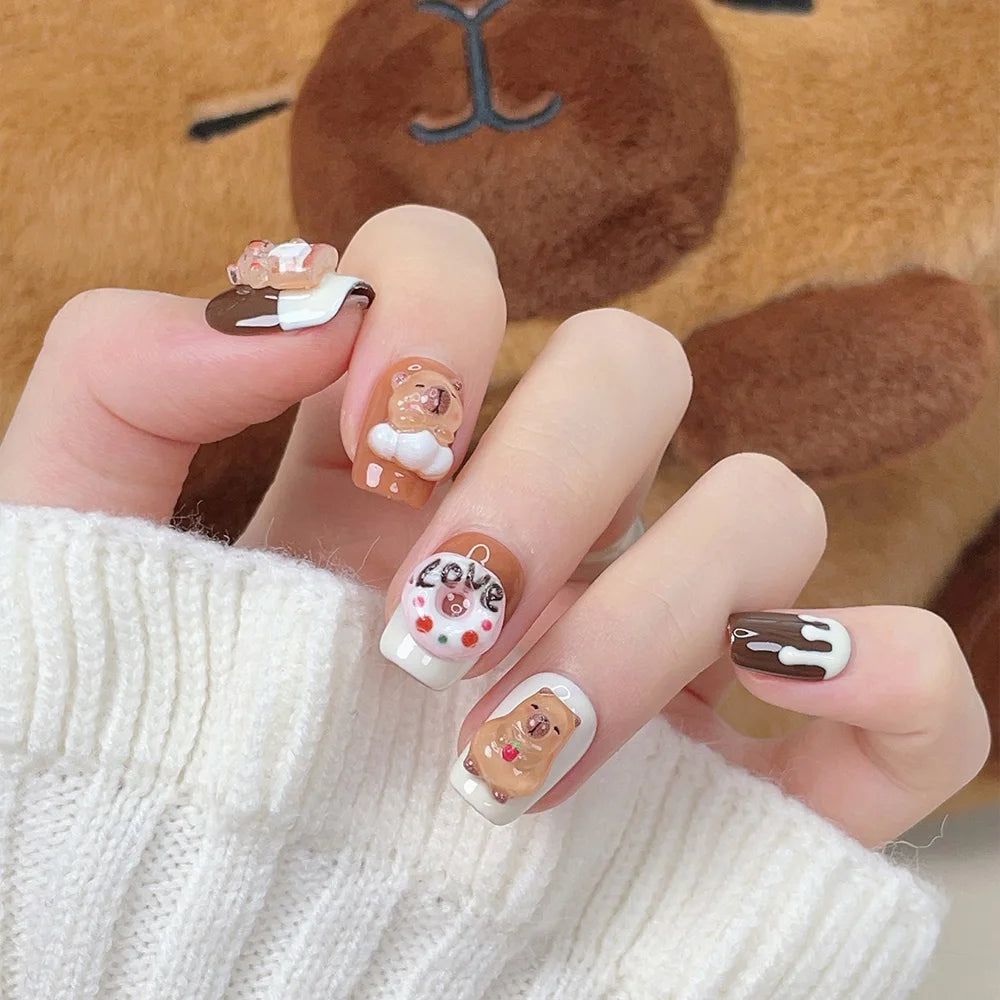 Faux ongles à pression - Carré Arrondie -Capybara Chocolat Love – Faits main (Lot de 10)