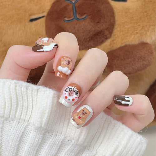 Faux ongles à pression - Carré Arrondie -Capybara Chocolat Love – Faits main (Lot de 10)